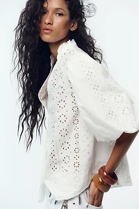 PUFF SLEEVE SHIRT WITH PERFORATED EMBROIDERY
