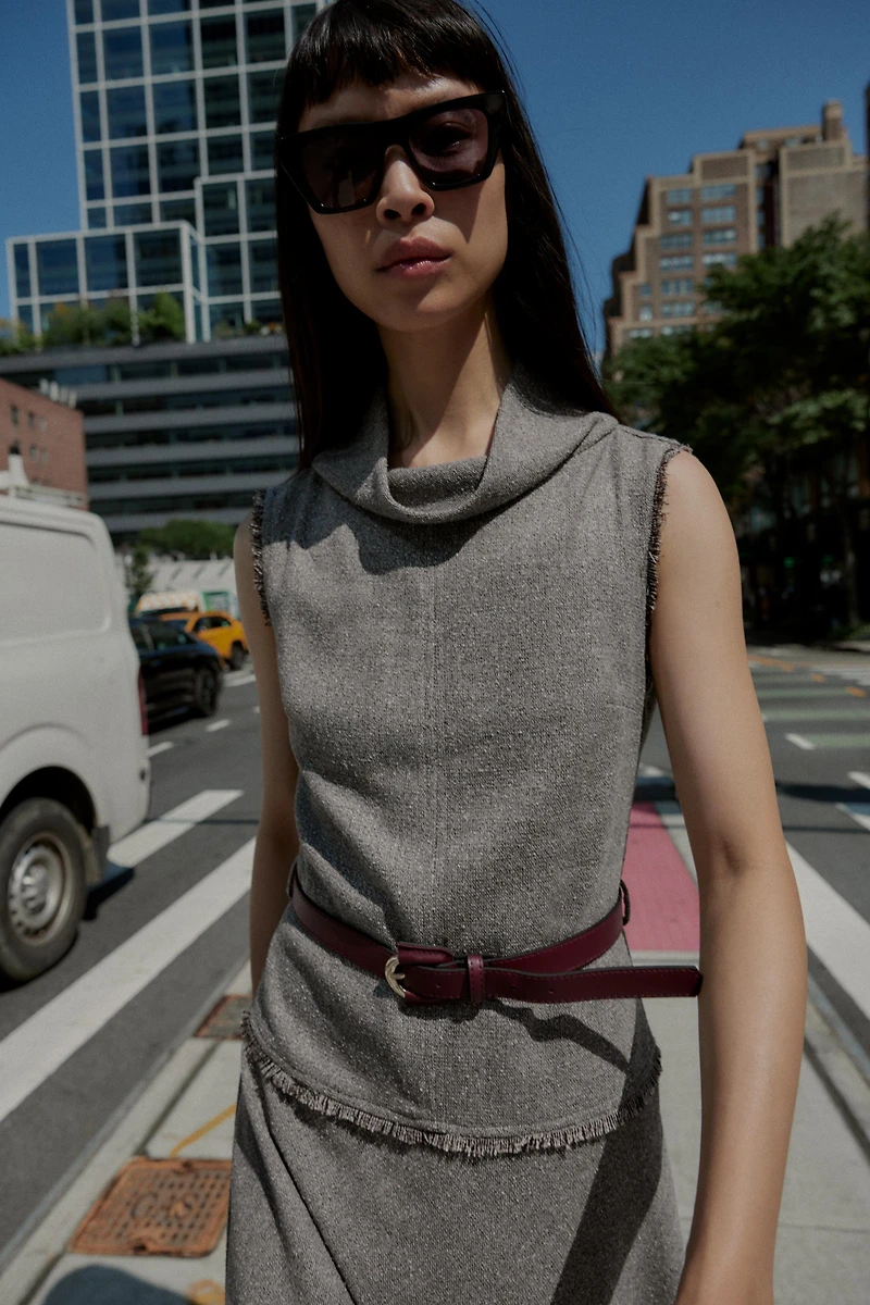 TEXTURED BELTED MIDI DRESS