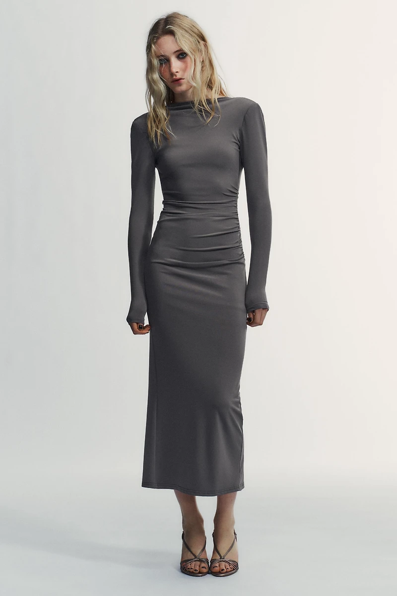 DRAPED SHOULDER PAD MIDI DRESS