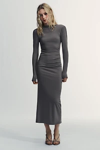 DRAPED SHOULDER PAD MIDI DRESS