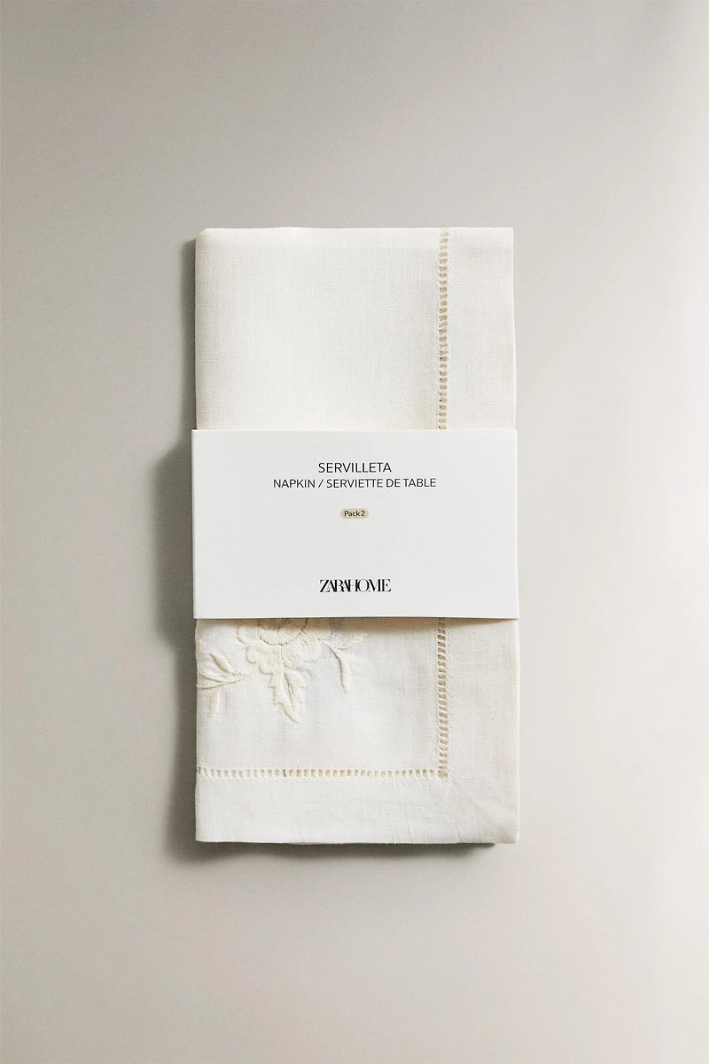 SET OF LINEN NAPKINS WITH FLORAL EMBROIDERY AND HEMSTITCHING (SET OF 2)