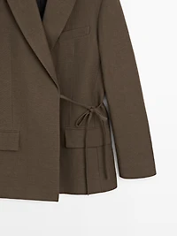 Double-breasted cotton blend blazer with tie detail