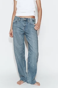 TRF LOW RISE STRAIGHT JEANS WITH RHINESTONES