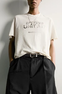 WASHED COTTON-LINEN T-SHIRT WITH TEXT