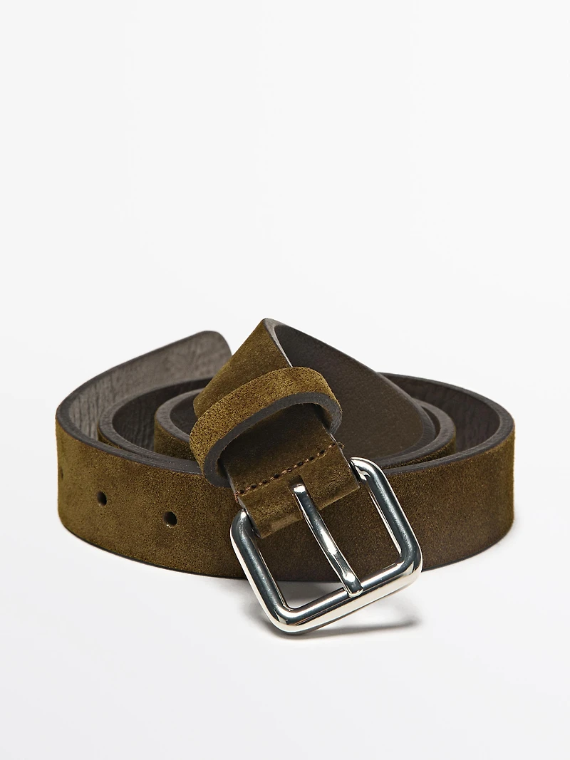 Split leather belt with square buckle