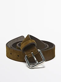 Split leather belt with square buckle