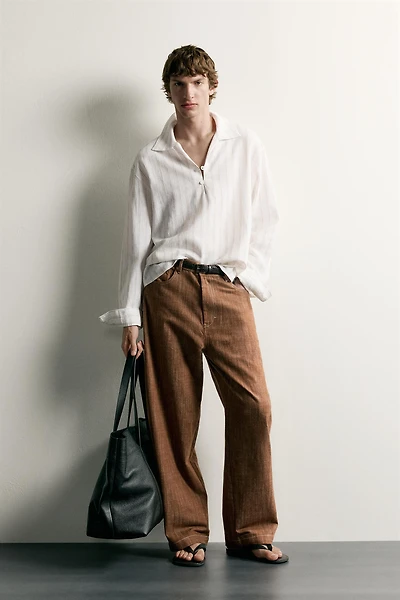 STRIPED COTTON-LINEN POLO SHIRT