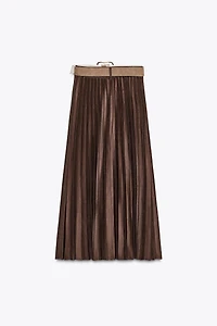 BELTED FAUX SUEDE EFFECT PLEATED MIDI SKIRT