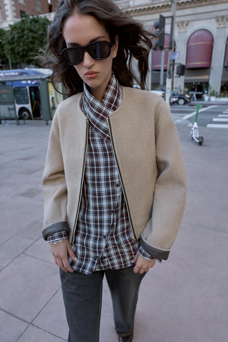 FAUX LEATHER TRIM BOMBER JACKET