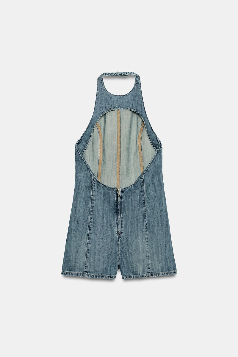 TRF HALTER DENIM SHORT JUMPSUIT