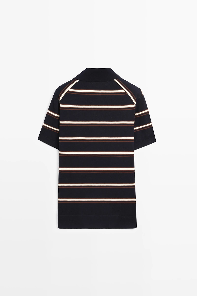 Striped V-neck knit polo shirt