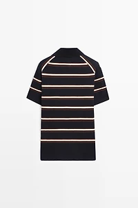 Striped V-neck knit polo shirt