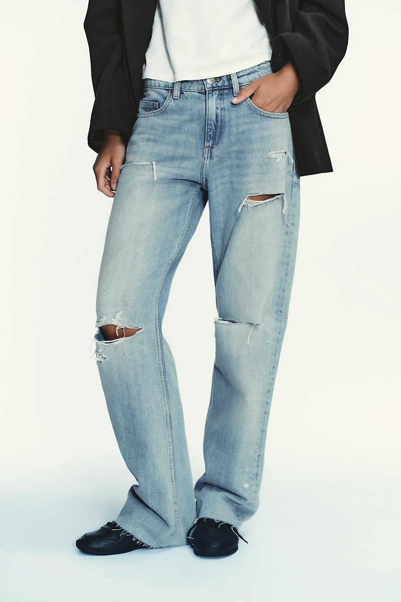 TRF MID-RISE RIPPED WIDE LEG JEANS