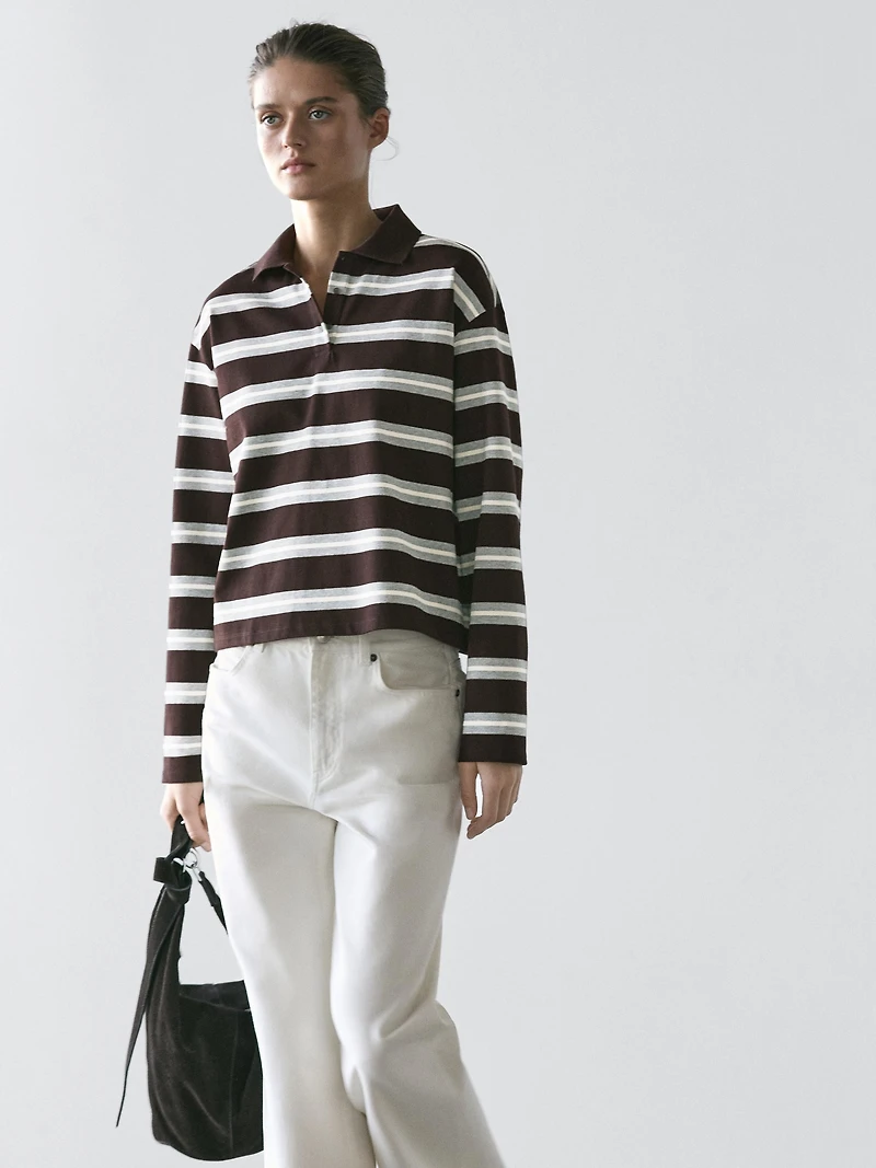 Striped cotton knit polo shirt
