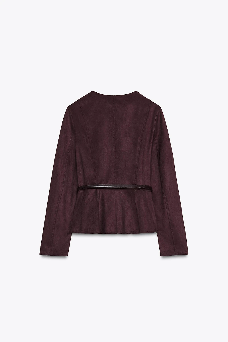 VESTE PEPLUM EFFET DAIM CEINTURÉE