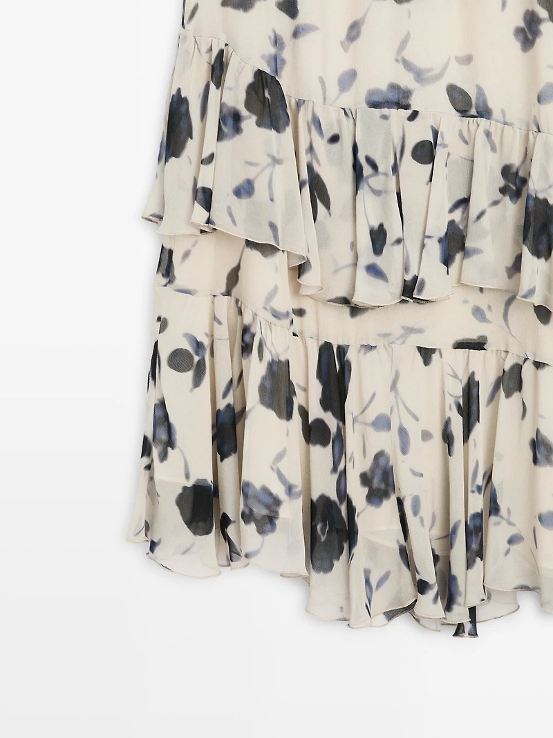 Ruffled floral print midi skirt