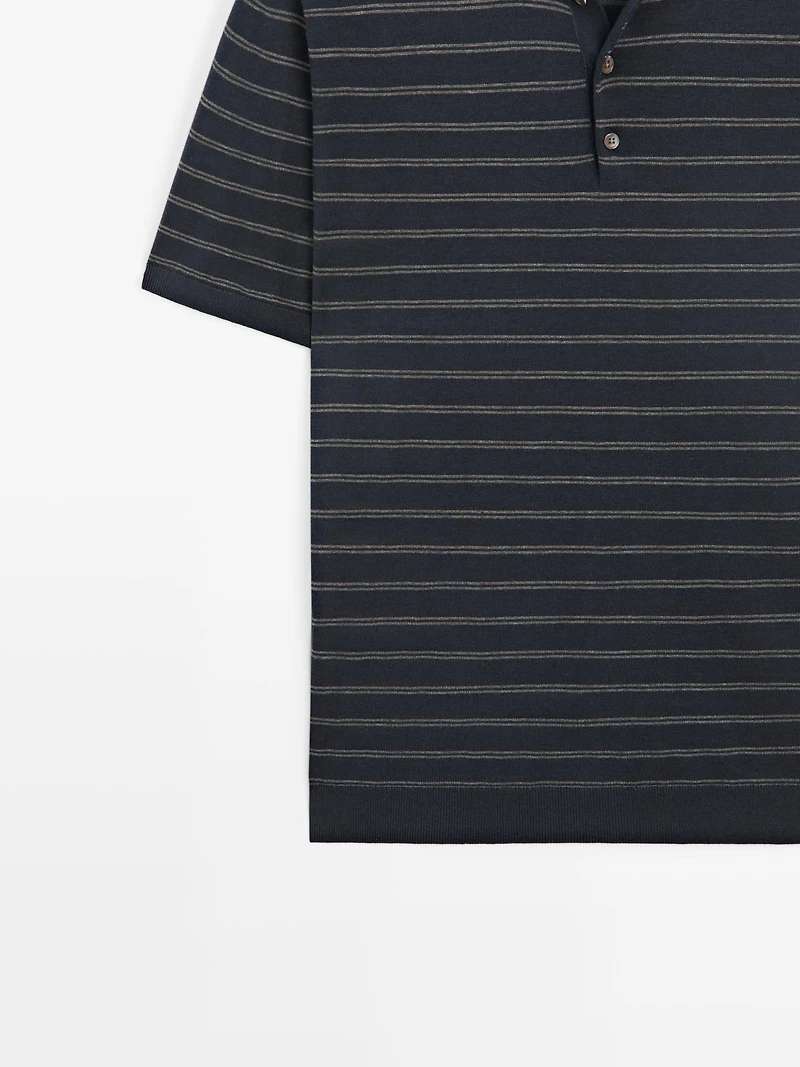 Cotton blend knit polo shirt with striped detail