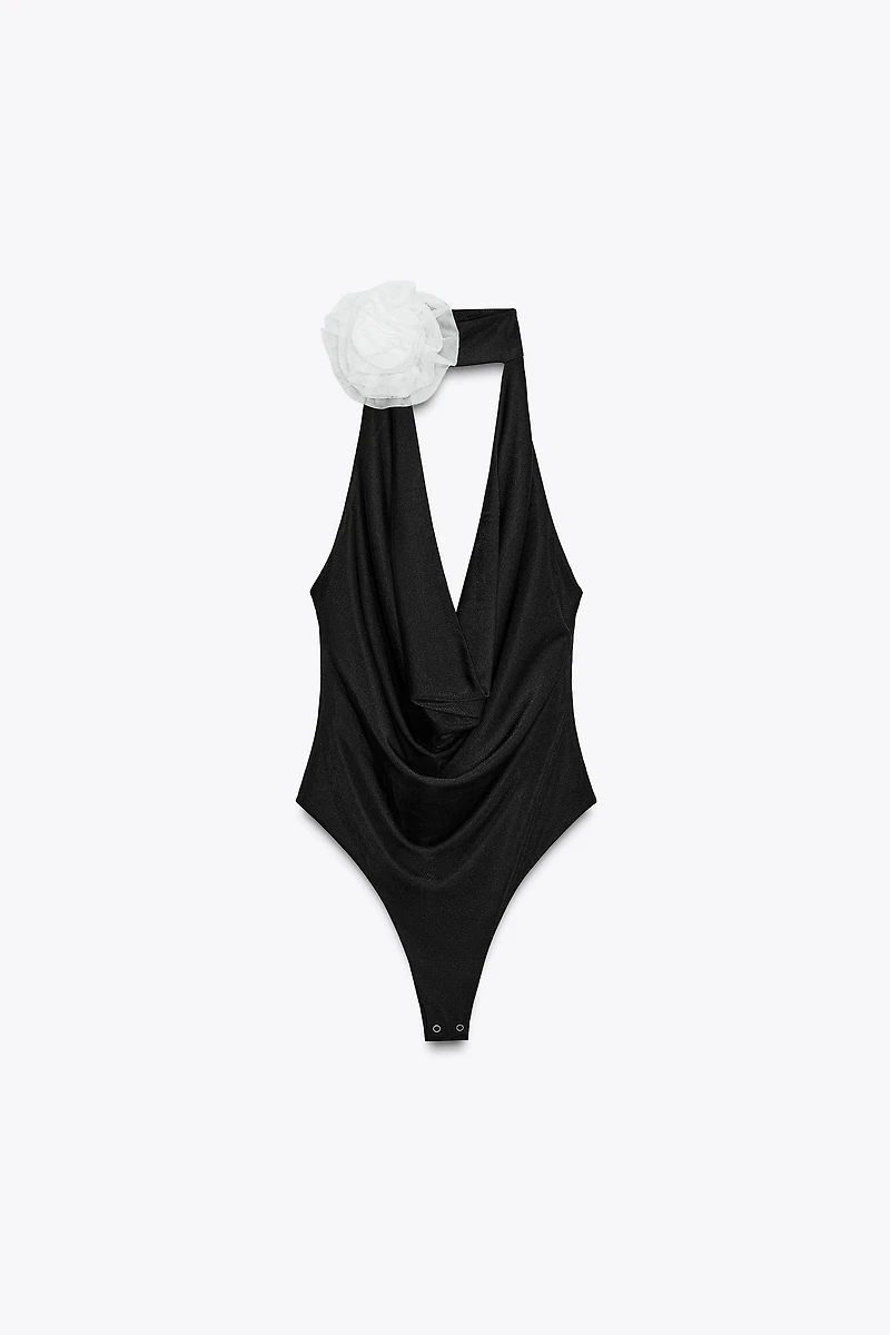 TEXTURED FLOWER HALTER BODYSUIT