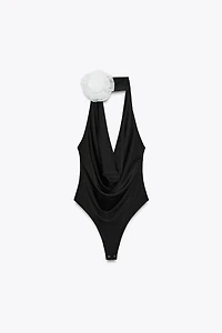 TEXTURED FLOWER HALTER BODYSUIT