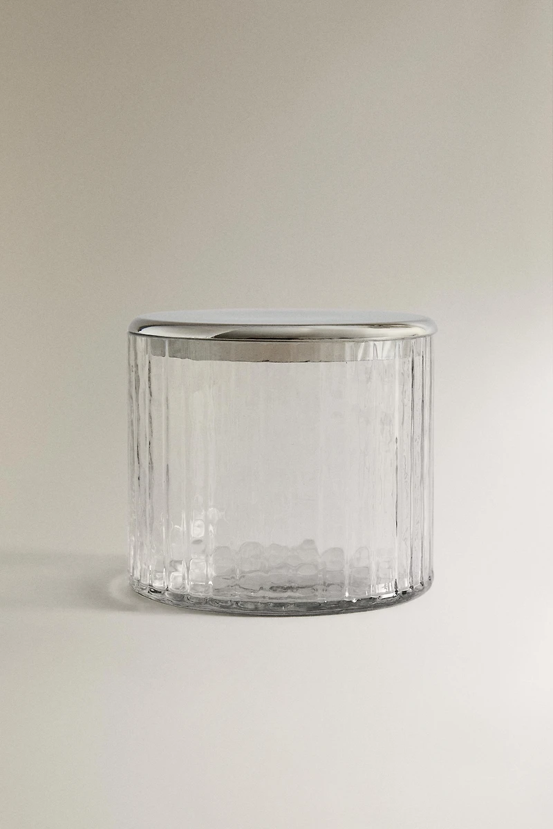 GLASS AND METAL BATHROOM JAR WITH RAISED DESIGN