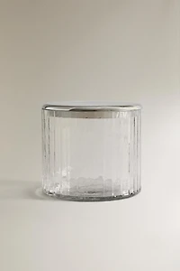 GLASS AND METAL BATHROOM JAR WITH RAISED DESIGN
