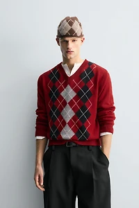 100% WOOL JACQUARD DIAMOND JUMPER