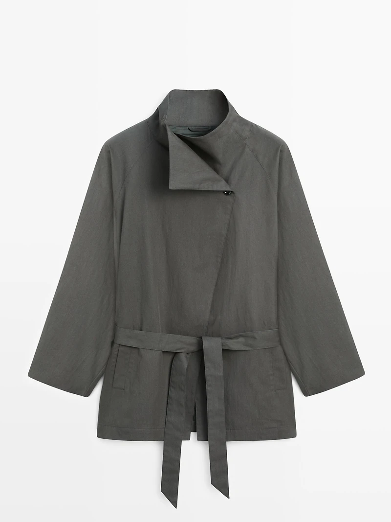 Trench court ceinture coton mélangé