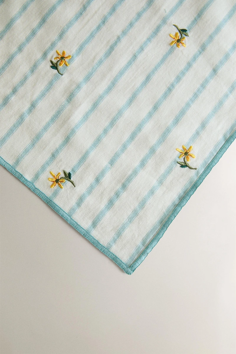 STRIPED TABLECLOTH WITH FLORAL EMBROIDERY