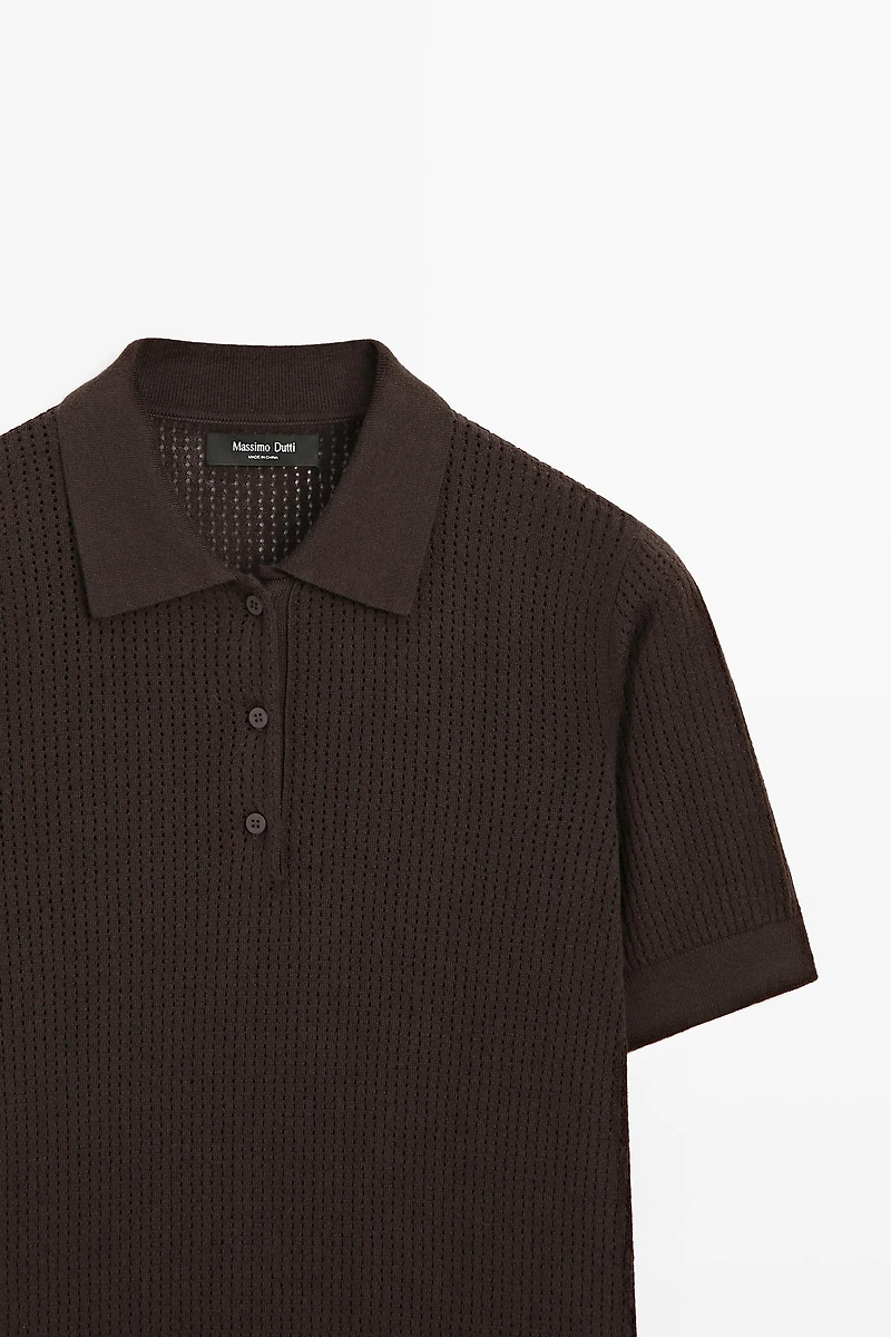 Cotton blend open-knit polo shirt