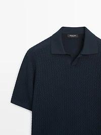 Cable-knit V-neck polo shirt