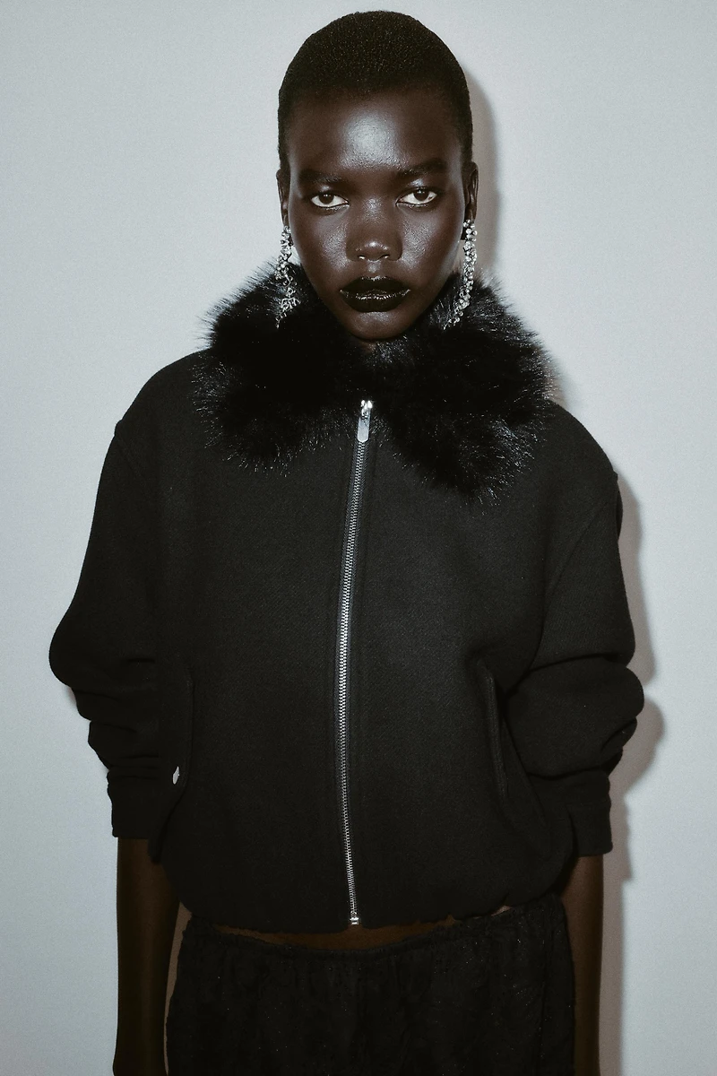 BLOUSON BOMBER COL À REVERS EFFET FOURRURE