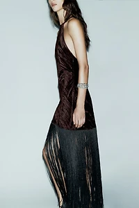 VELVET FRINGE MIDI DRESS