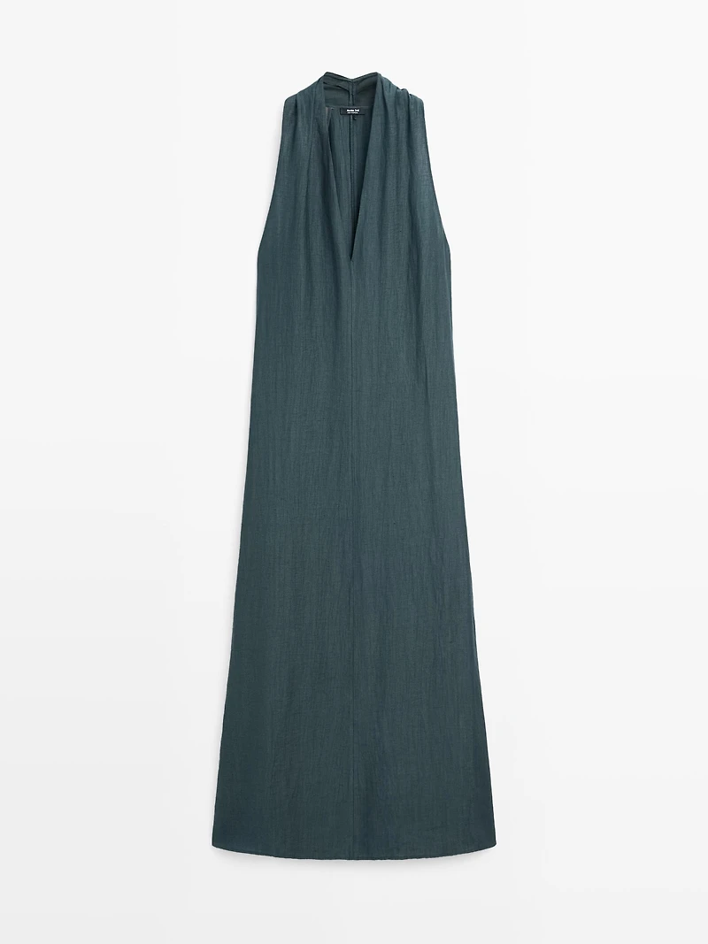 Linen blend midi dress with V-neckline
