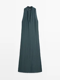 Linen blend midi dress with V-neckline