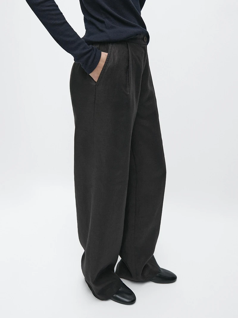 100% linen wide-leg elasticated trousers