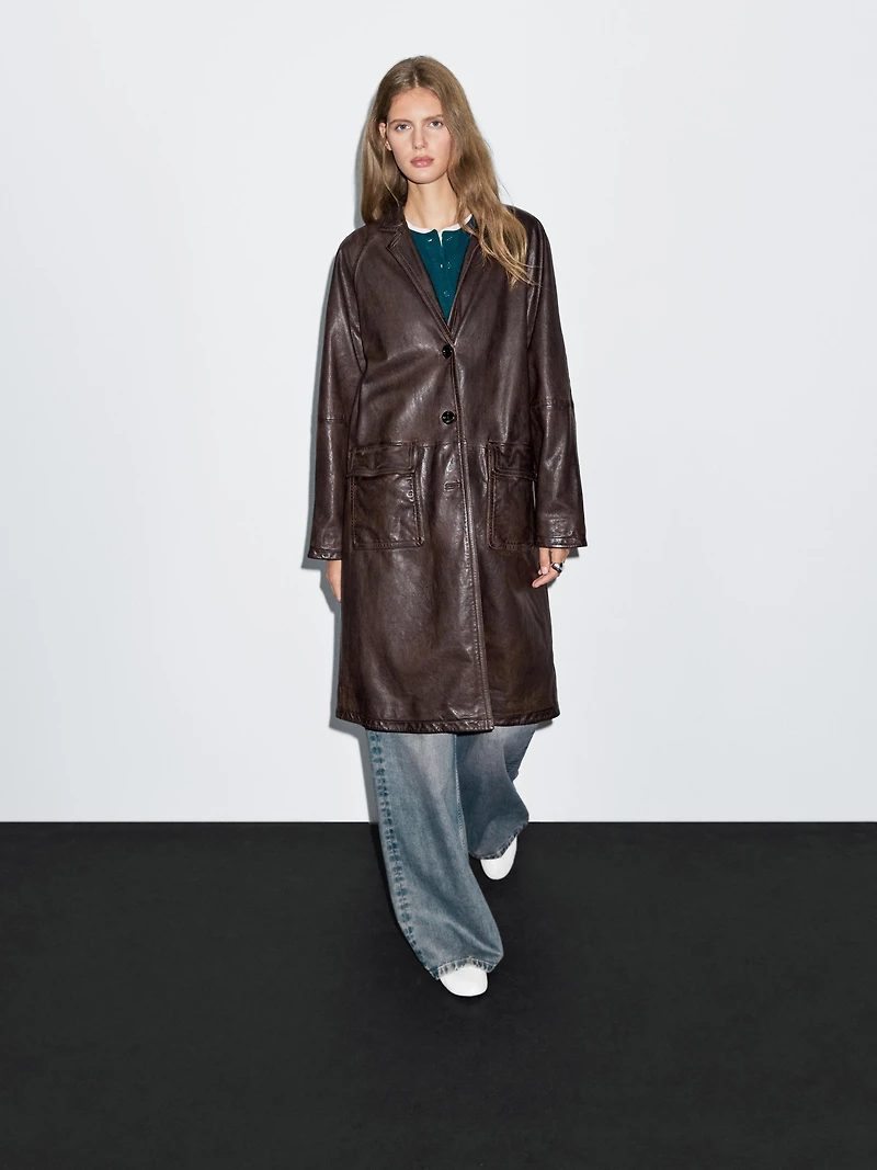Manteau long en cuir nappa