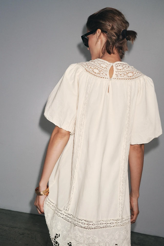 zw collection embroidered short dress Zara ZW Collection Embroidered Short Dress Floral Oyster White S L 4786/244 New