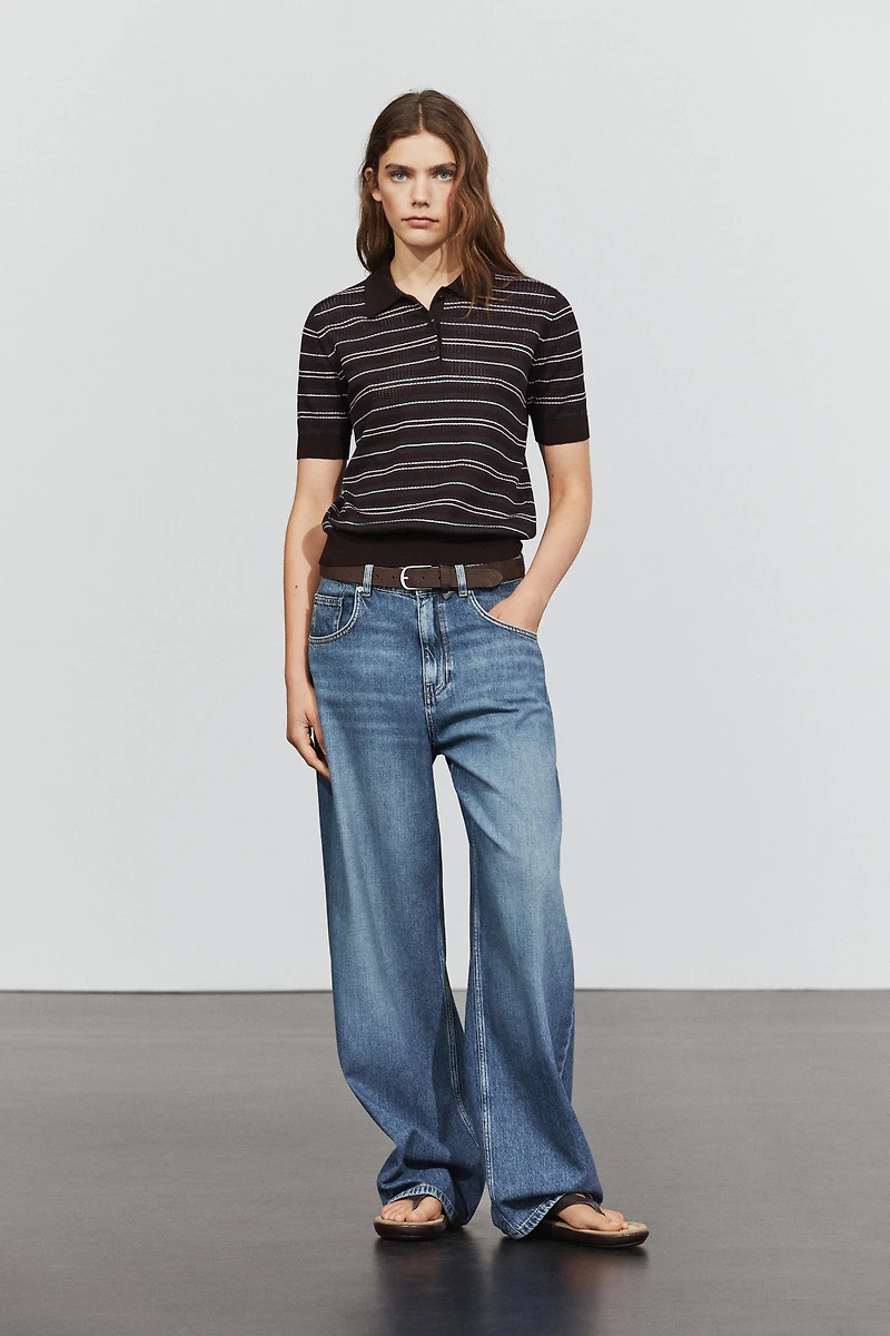 Cotton blend striped open-knit polo shirt