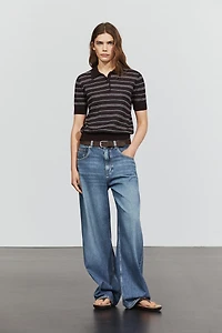 Cotton blend striped open-knit polo shirt