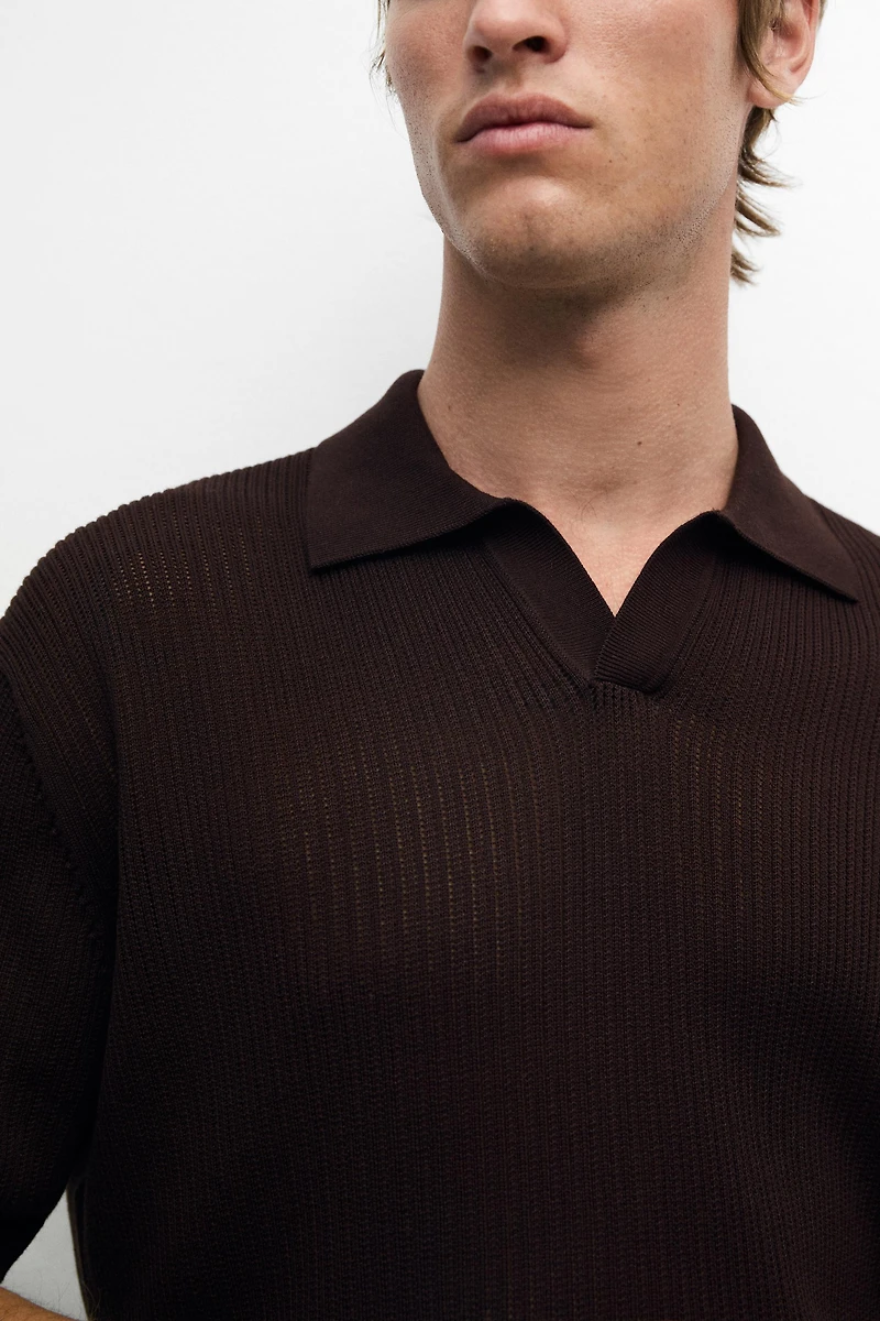 Cotton-blend V-neck knit polo shirt