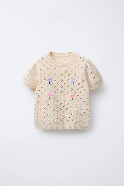 EMBROIDERED FLOWER OPENWORK KNIT TOP
