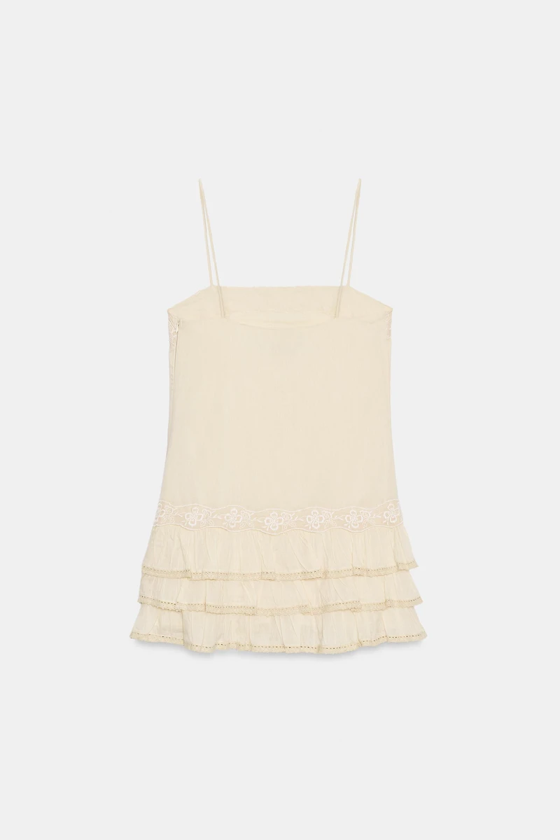EMBROIDERED RUFFLED MINI DRESS