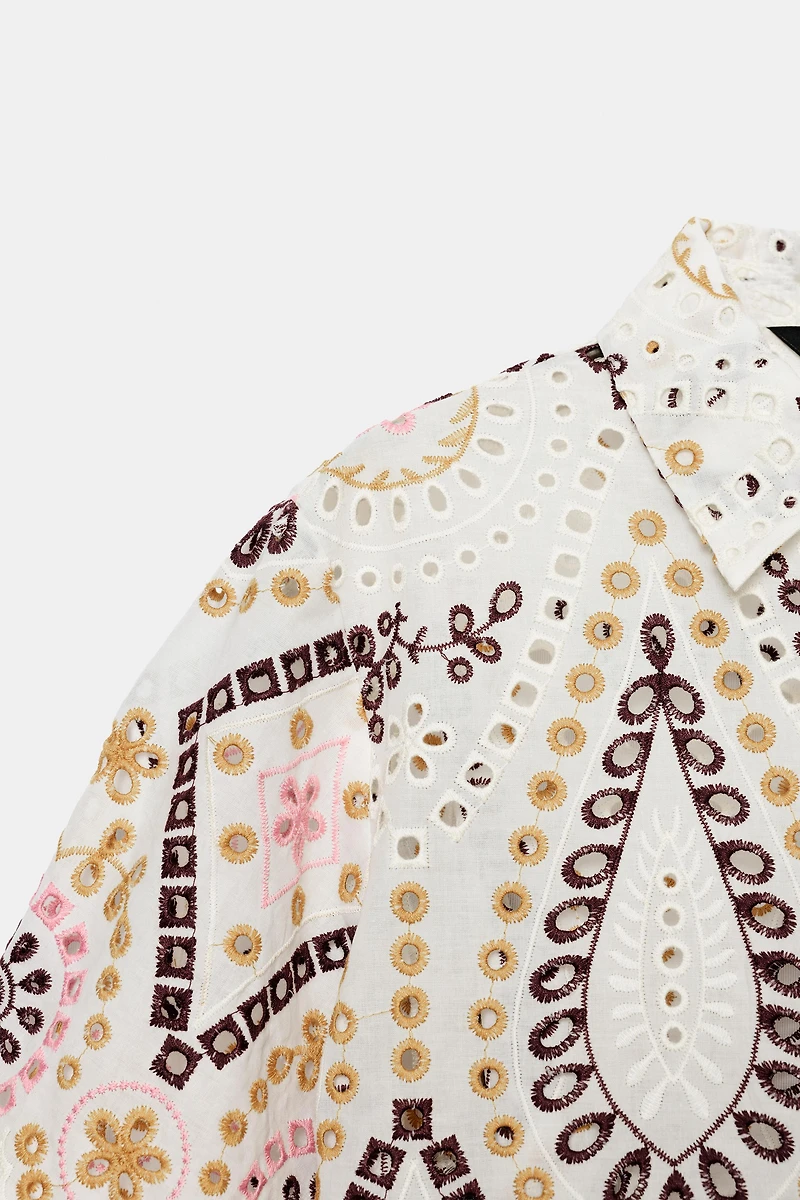 EMBROIDERED EYELET SHORT SLEEVE SHIRT