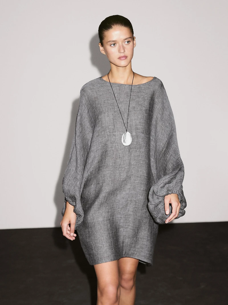 100% linen short dress with sleeve detail