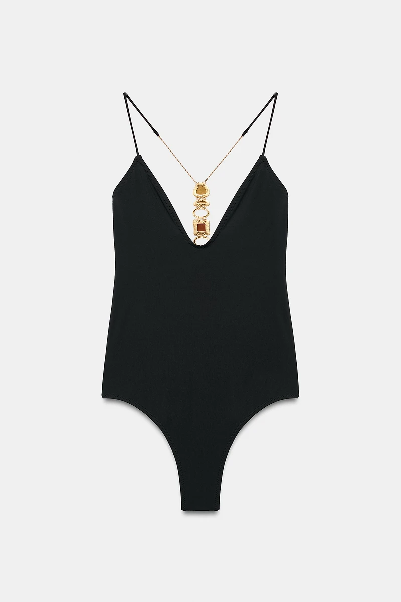 JEWELED SOLID SWIMSUIT