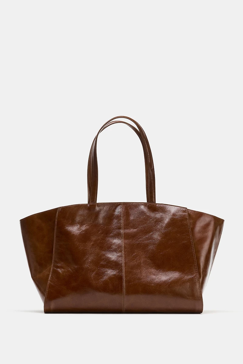 LEATHER TOTE BAG WITH TOPSTITCHING