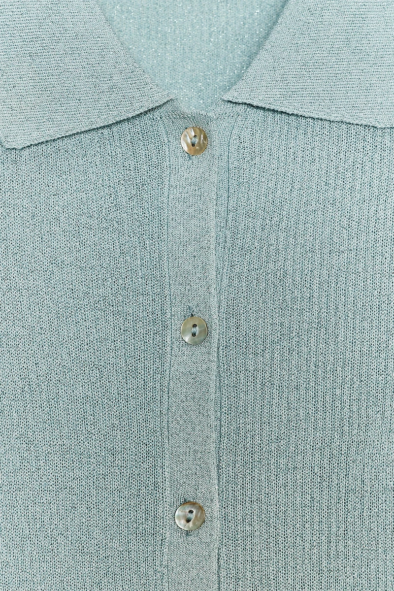 METALLIC THREAD KNIT POLO TOP