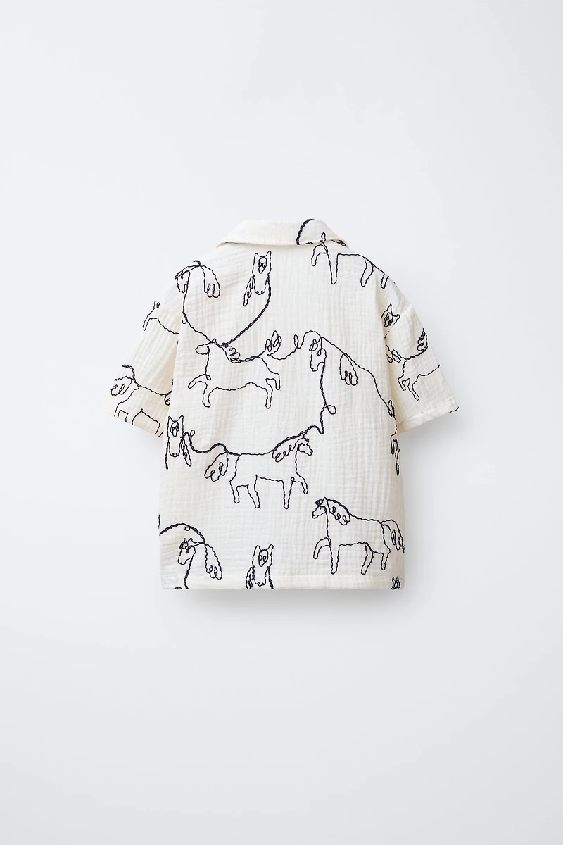 HORSE EMBOSSED PRINT TEXTURED SHIRT