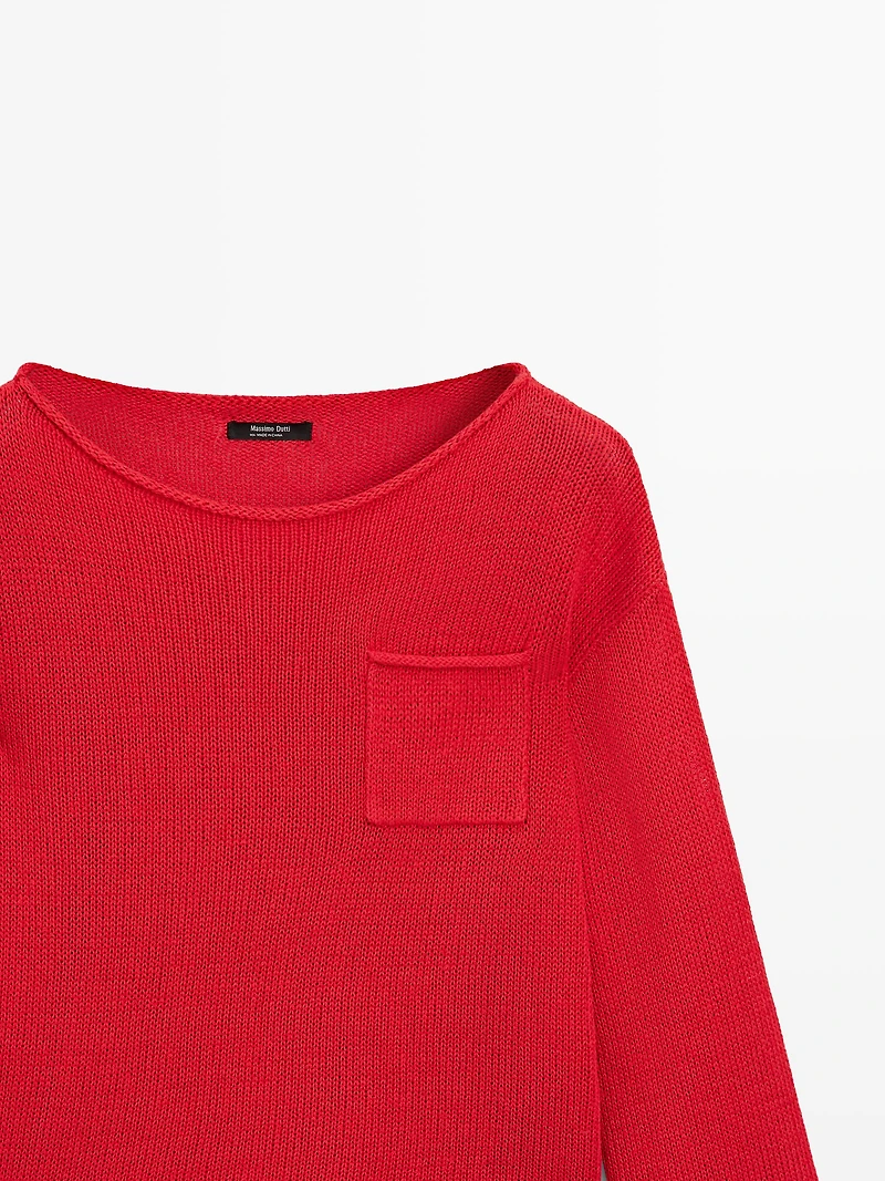 Cotton and linen knit sweater with pocket detail
