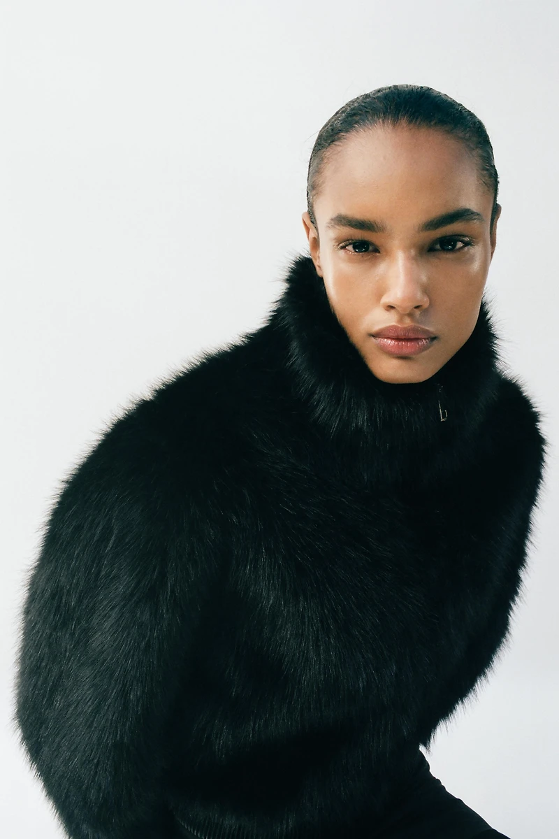 FAUX FUR HIGH COLLAR BOMBER JACKET